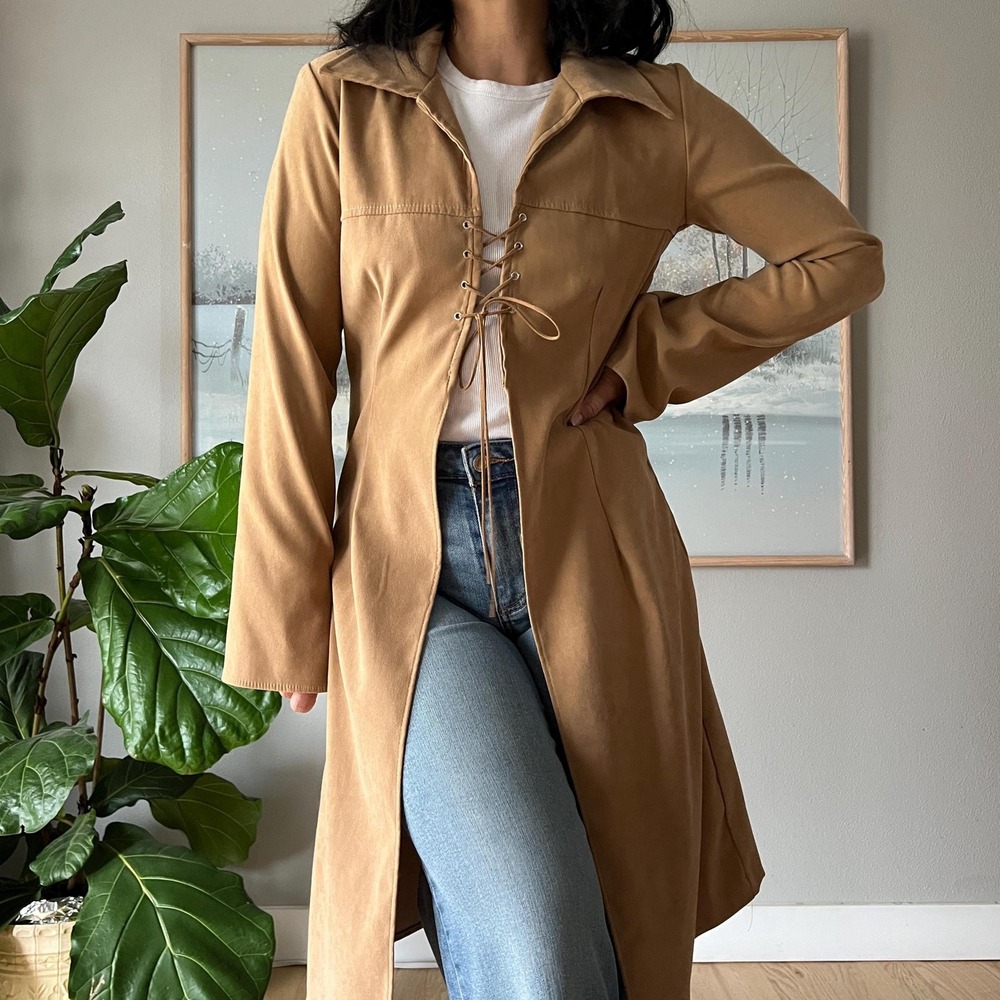 Vintage Lace Up Faux‎ Suede Top Brown Fitted Boho 90s Corset Style Jacket